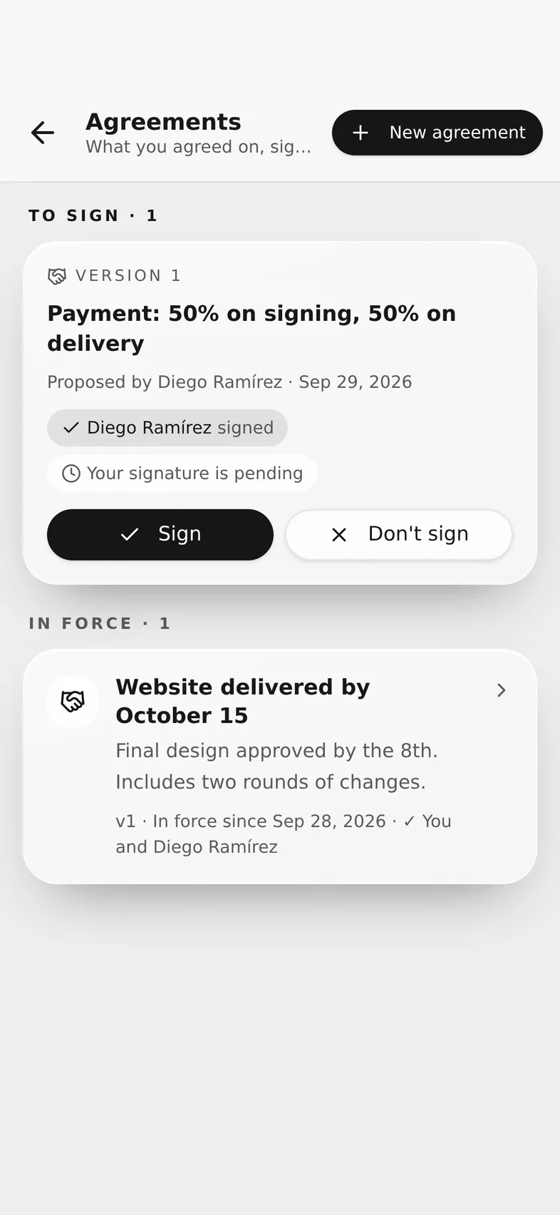 The ActOnChat app on a phone: Signed agreements