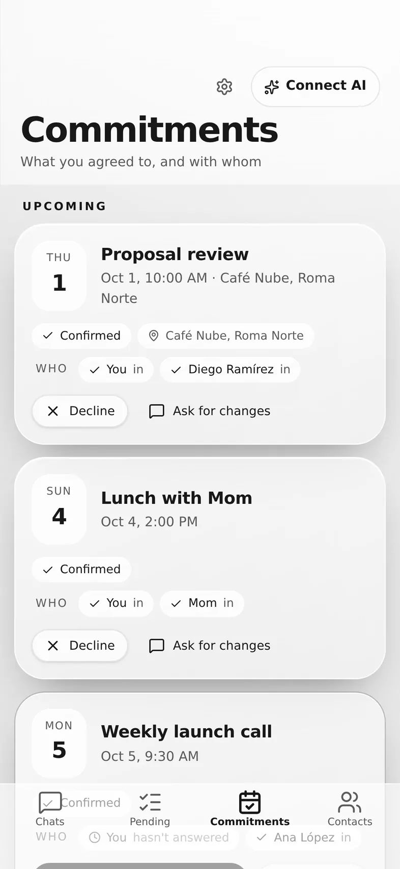 The ActOnChat app on a phone: Meetings everyone confirms