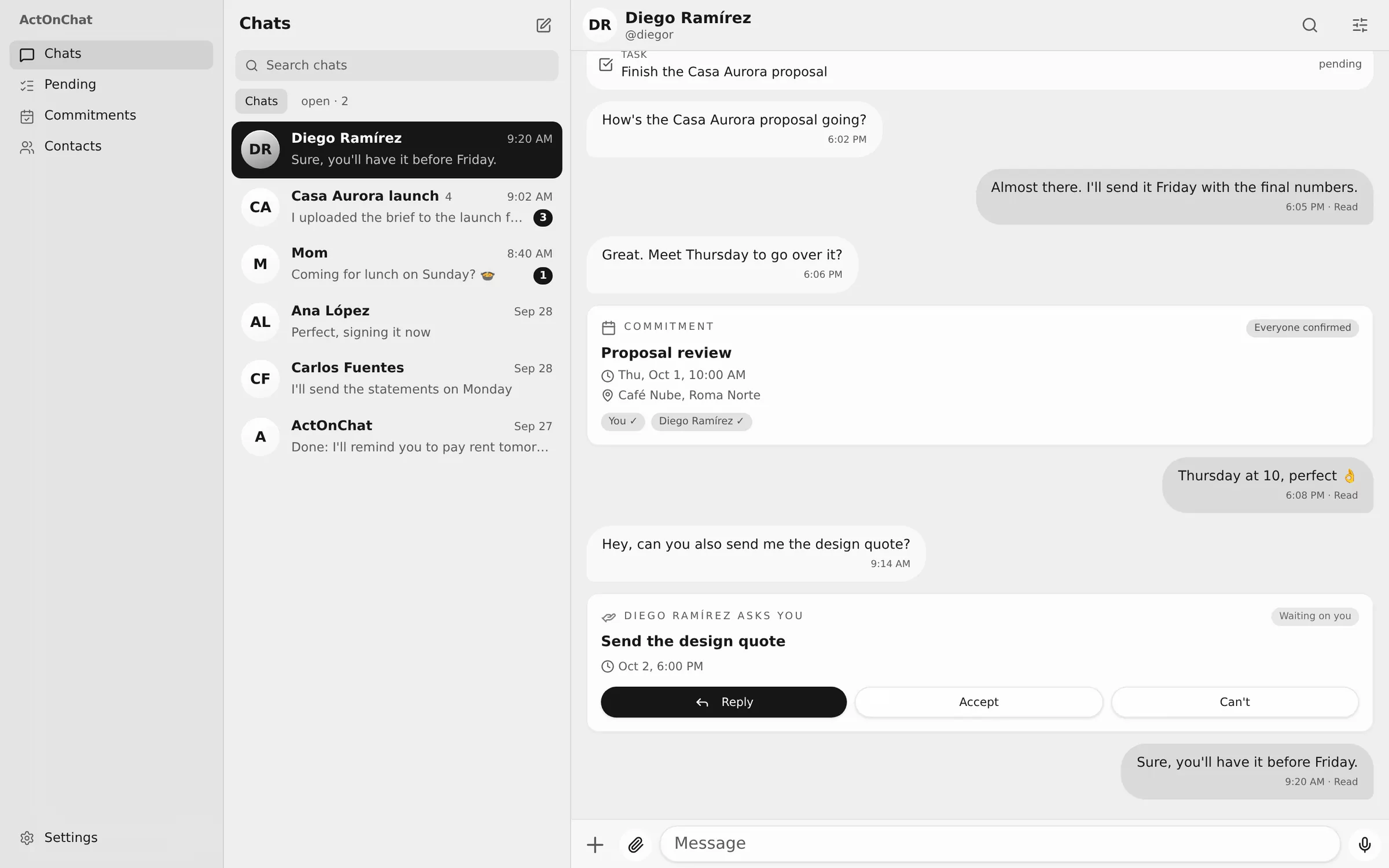 ActOnChat on a computer, with the chat list and a conversation